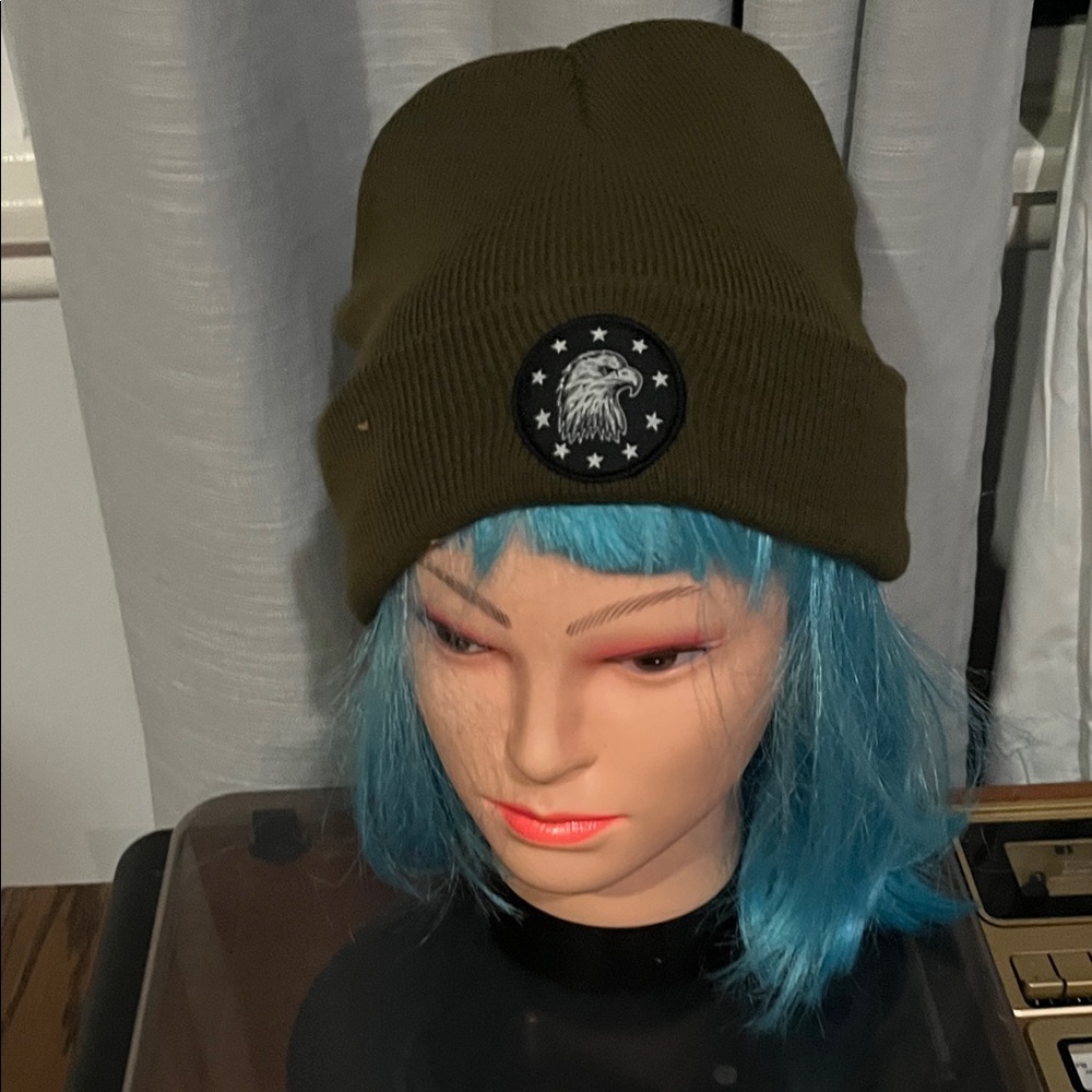 Olive Green Beanie with Eagle Patch